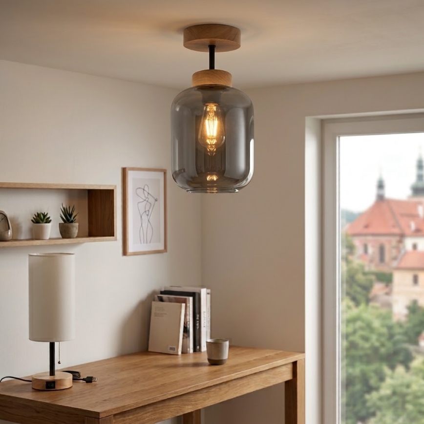 BRILAGI - Plafonnier LED monté en surface RETRO GLASS 1xE27/60W/230V Ø 14 cm chêne/gris fumé