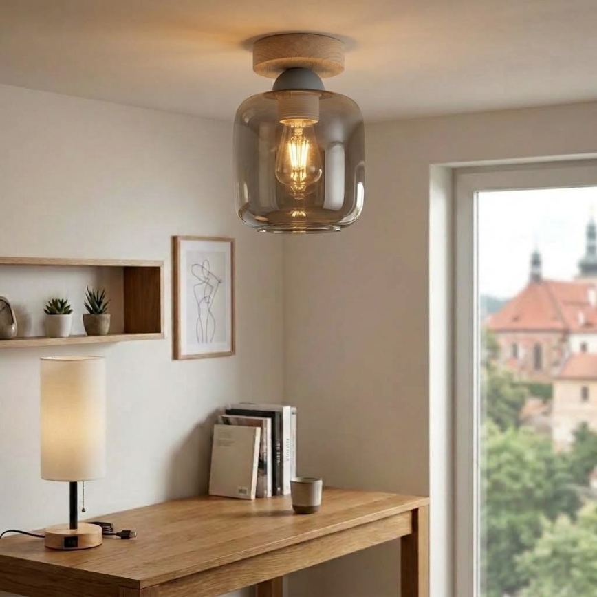 BRILAGI - Plafonnier LED RETRO GLASS 1xE27/60W/230V Ø 14 cm chêne/gris fumé
