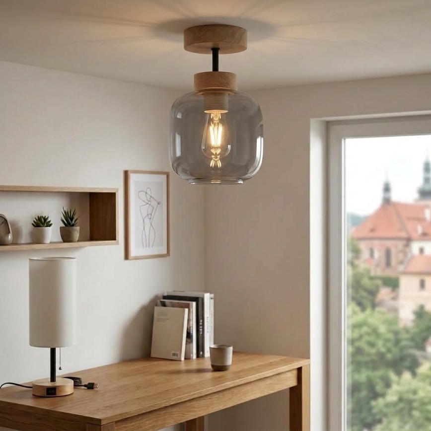BRILAGI - Plafonnier LED RETRO GLASS 1xE27/60W/230V Ø 14 cm chêne/gris fumé