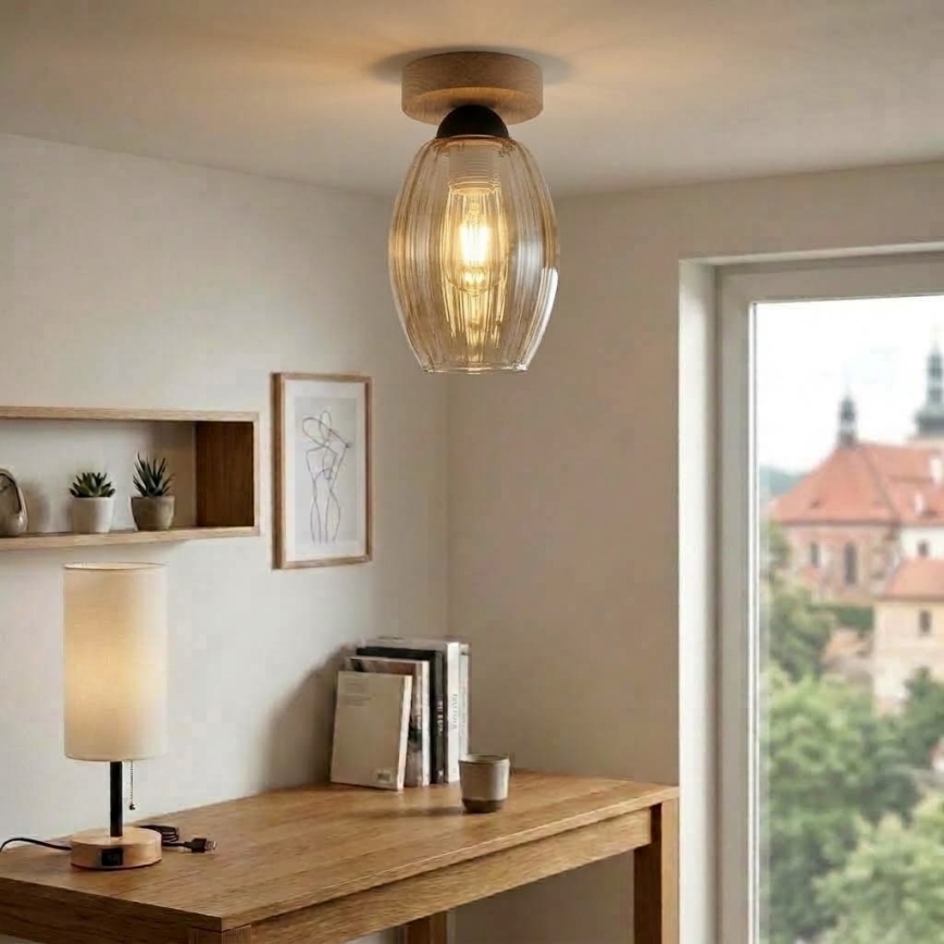 BRILAGI - Plafonnier LED RETRO GLASS 1xE27/60W/230V Ø 17 cm chêne/béige fumé