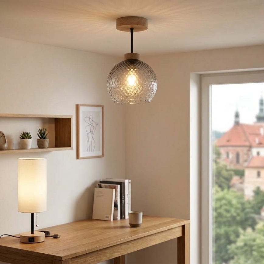 BRILAGI - Plafonnier LED en applique RETRO GLASS 1xE27/60W/230V Ø 18 cm chêne/gris fumé