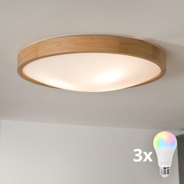 Brilagi - Plafonnier LED RGBW dimmable CARVALHO SLIM 3xE27/9W/230V 2700-6500K Wi-Fi chêne Ø 47 cm