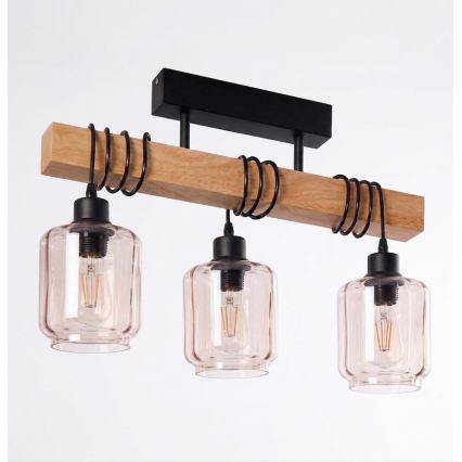 Brilagi - Plafonnier WOOD GLASS 3xE27/60W/230V pin/noir/beige fumé
