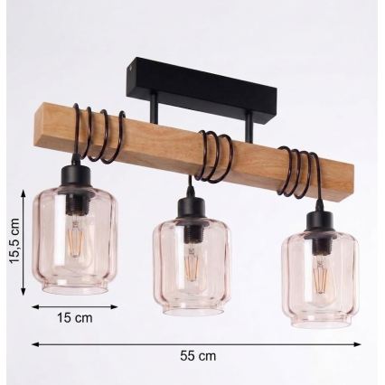 Brilagi - Plafonnier WOOD GLASS 3xE27/60W/230V pin/noir/beige fumé