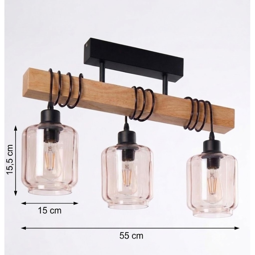 Brilagi - Plafonnier WOOD GLASS 3xE27/60W/230V pin/noir/beige fumé