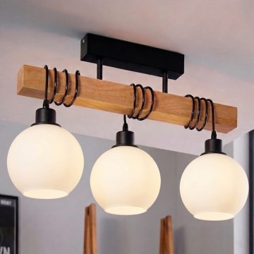 Brilagi - Plafonnier WOOD GLASS 3xE27/60W/230V pin/noir/blanc