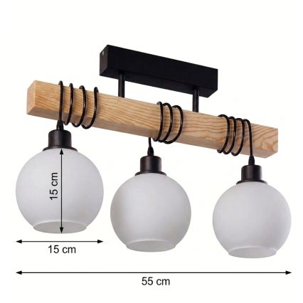 Brilagi - Plafonnier WOOD GLASS 3xE27/60W/230V pin/noir/blanc