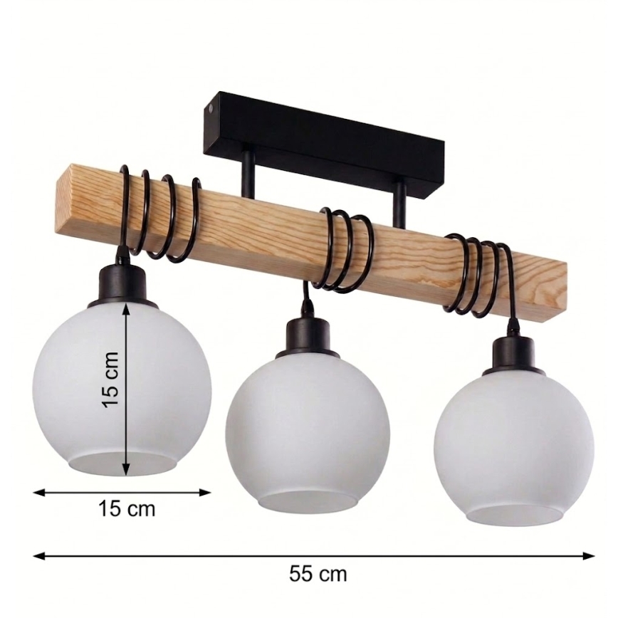 Brilagi - Plafonnier WOOD GLASS 3xE27/60W/230V pin/noir/blanc