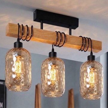 Brilagi - Plafonnier WOOD GLASS 3xE27/60W/230V pin/noir/brun fumé