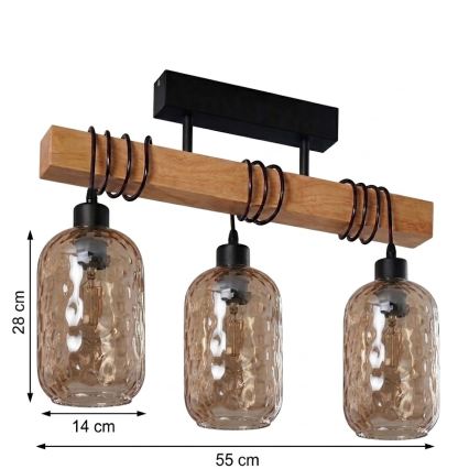 Brilagi - Plafonnier WOOD GLASS 3xE27/60W/230V pin/noir/brun fumé