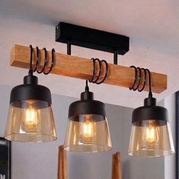 Brilagi - Plafonnier WOOD GLASS 3xE27/60W/230V pin/noir/brun fumé