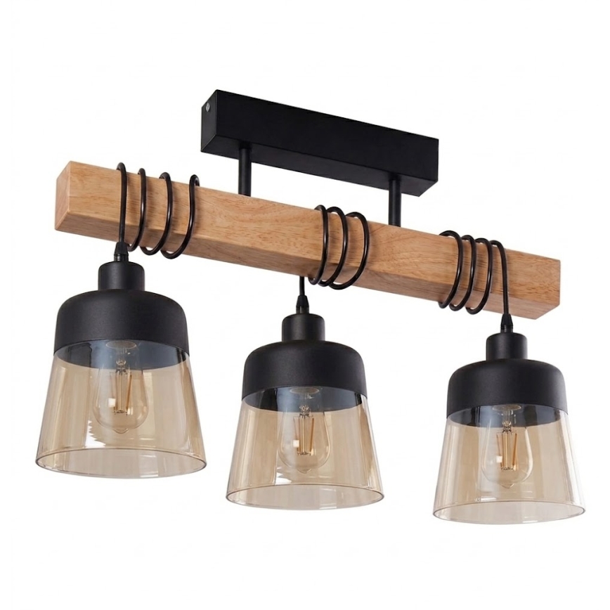 Brilagi - Plafonnier WOOD GLASS 3xE27/60W/230V pin/noir/brun fumé