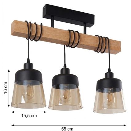 Brilagi - Plafonnier WOOD GLASS 3xE27/60W/230V pin/noir/brun fumé