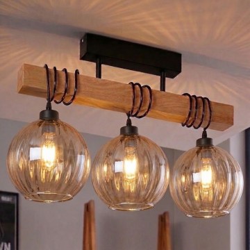 Brilagi - Plafonnier WOOD GLASS 3xE27/60W/230V pin/noir/brun fumé