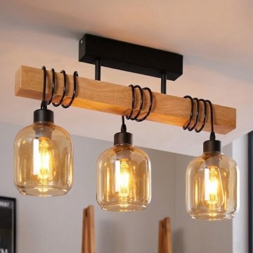 Brilagi - Plafonnier WOOD GLASS 3xE27/60W/230V pin/noir/brun fumé