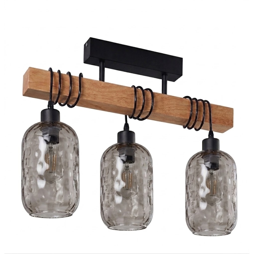 Brilagi - Plafonnier à montage en surface WOOD GLASS 3xE27/60W/230V pin/noir/gris fumé