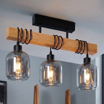 Brilagi - Plafonnier WOOD GLASS 3xE27/60W/230V pin/noir/gris fumé