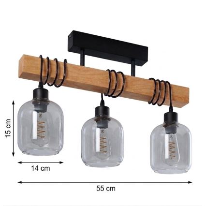 Brilagi - Plafonnier WOOD GLASS 3xE27/60W/230V pin/noir/gris fumé