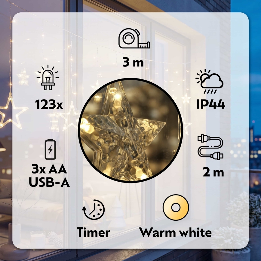 BRILAGI - Rideau de Noël extérieur à LED 123xLED/3xAA/USB 3m IP44 blanc chaud
