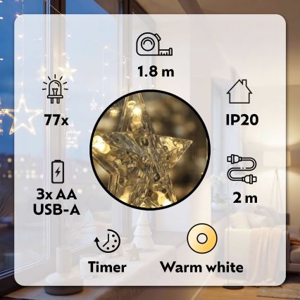 BRILAGI - Rideau de Noël LED 77xLED/3xAA/USB 1,8m blanc chaud