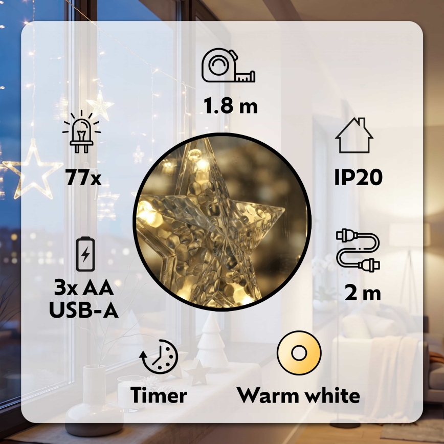BRILAGI - Rideau de Noël LED 77xLED/3xAA/USB 1,8m blanc chaud