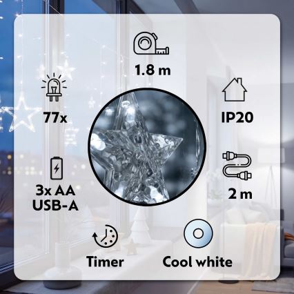 BRILAGI - Rideau de Noël LED 77xLED/3xAA/USB 1,8m blanc froid