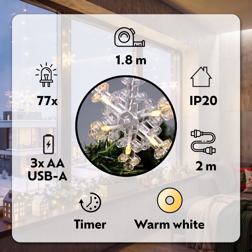 BRILAGI - rideau LED de Noël 77xLED/3xAA/USB 3,8m flocons blanc chaud