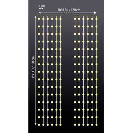 Brilagi - Rideau lumineux LED de Noël 300xLED/8 fonctions/3xAA/USB 1,2m blanc chaud