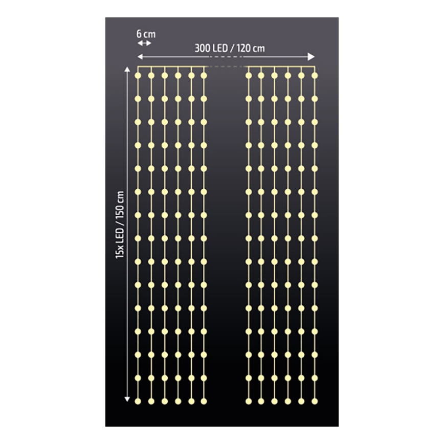 Brilagi - Rideau lumineux LED de Noël 300xLED/8 fonctions/3xAA/USB 1,2m blanc chaud