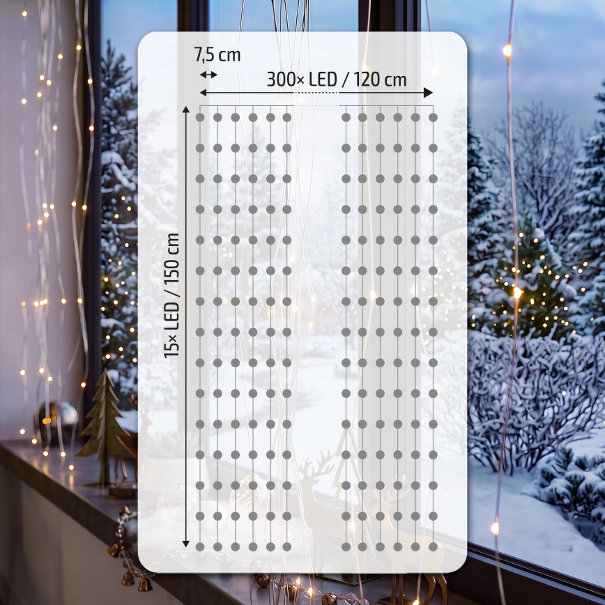 BRILAGI - Rideau lumineux LED de Noël 300xLED/8 fonctions/3xAA/USB 1,2m blanc chaud