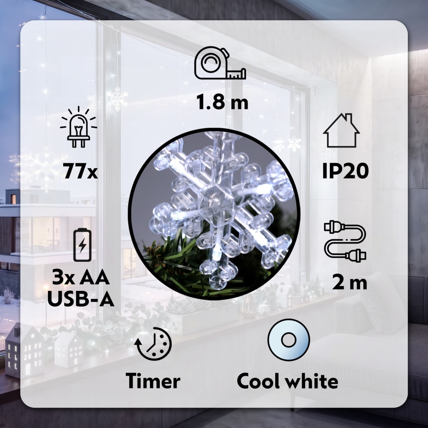 BRILAGI - Rideau lumineux LED de Noël 77xLED/3xAA/USB, 3,8 m, motifs flocons, blanc froid