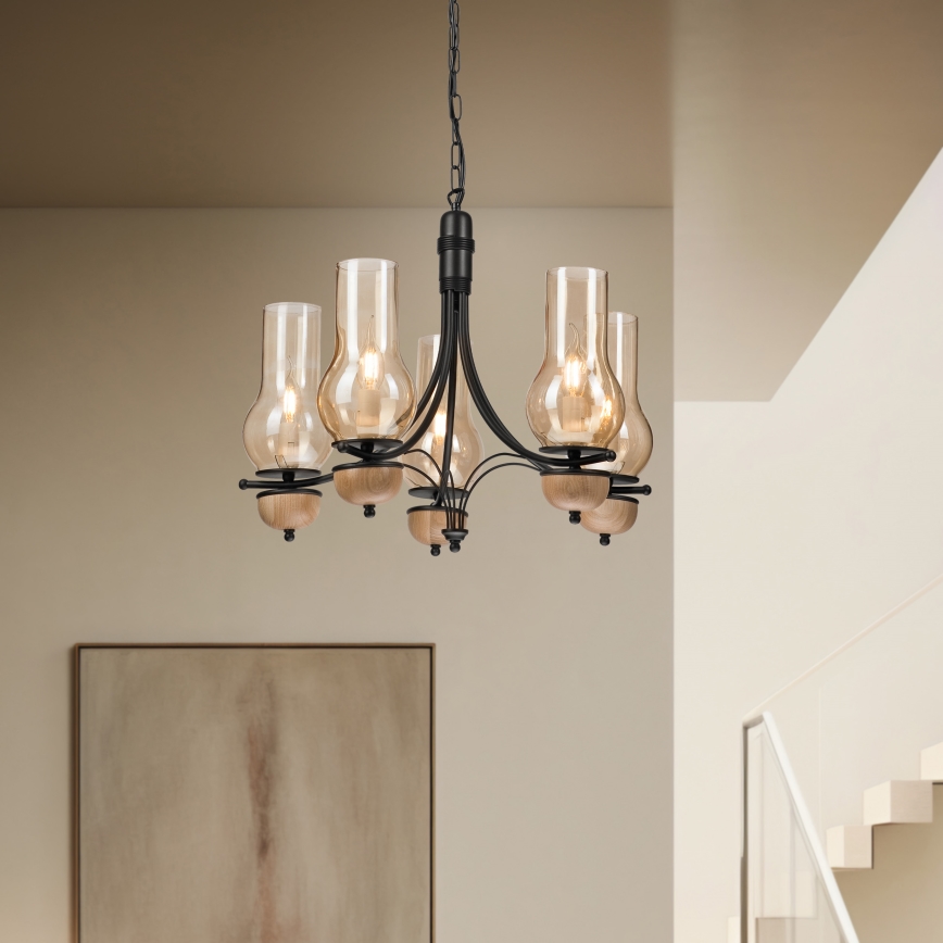 Brilagi - Suspension chaîne COTTAGE 5xE14/40W/230V hêtre/marron