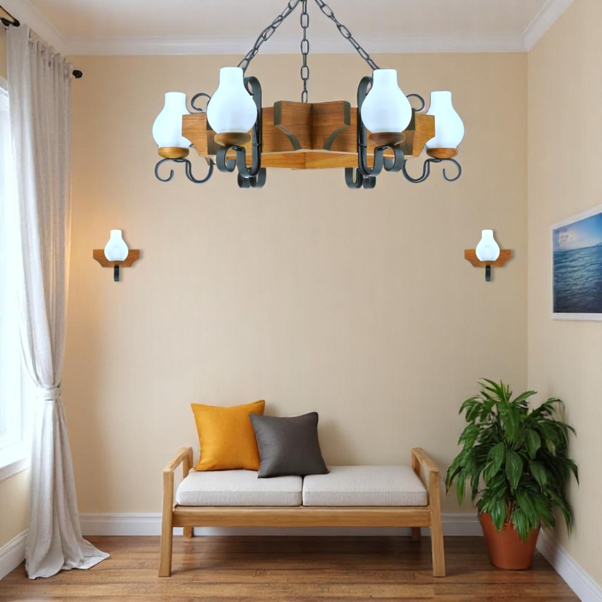 Brilagi - Suspension chaîne QUEEN 6xE14/40W/230V hêtre