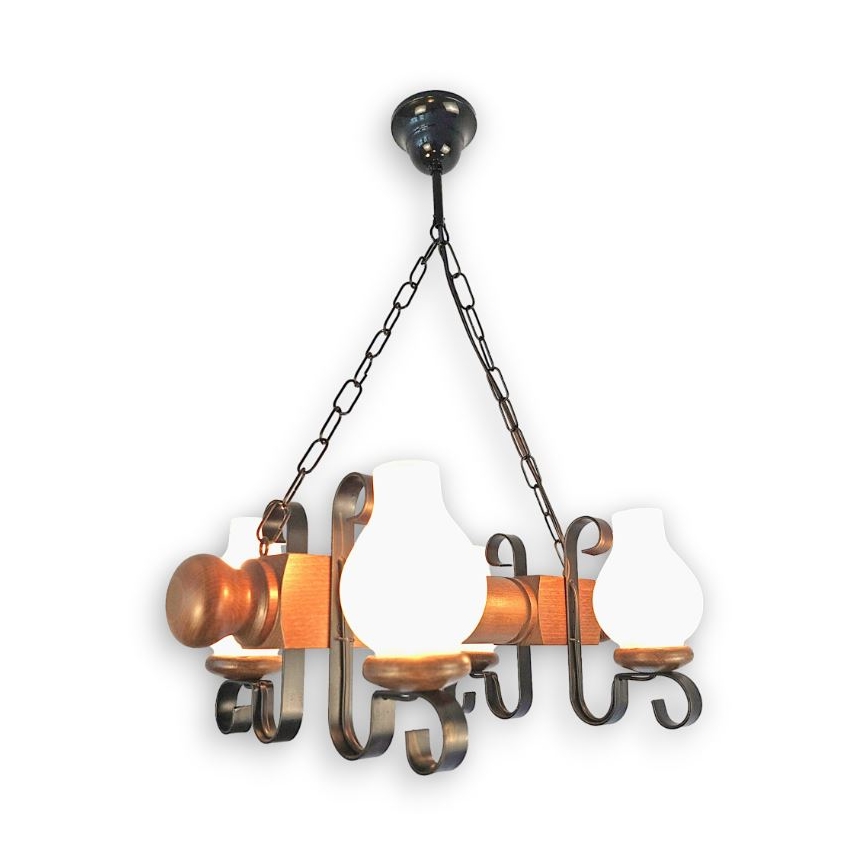 Brilagi - Suspension chaîne RUSTIC 4xE14/40W/230V hêtre/noyer
