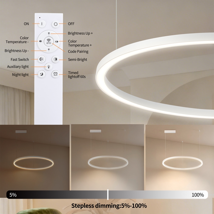 Brilagi - Suspension LED dimmable sur câble PORTOFINO LED/60W/230V 3000-6000K Ø 80 cm blanc + télécommande