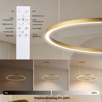 Brilagi - Lustre LED à intensité variable sur câble PORTOFINO LED/60W/230V 3000-6000K Ø 80 cm doré + télécommande