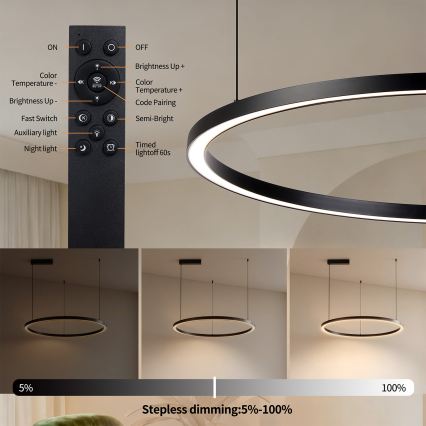 Brilagi - Lustre dimmable sur câble PORTOFINO LED 60W 230V 3000–6000K Ø 80 cm noir + télécommande