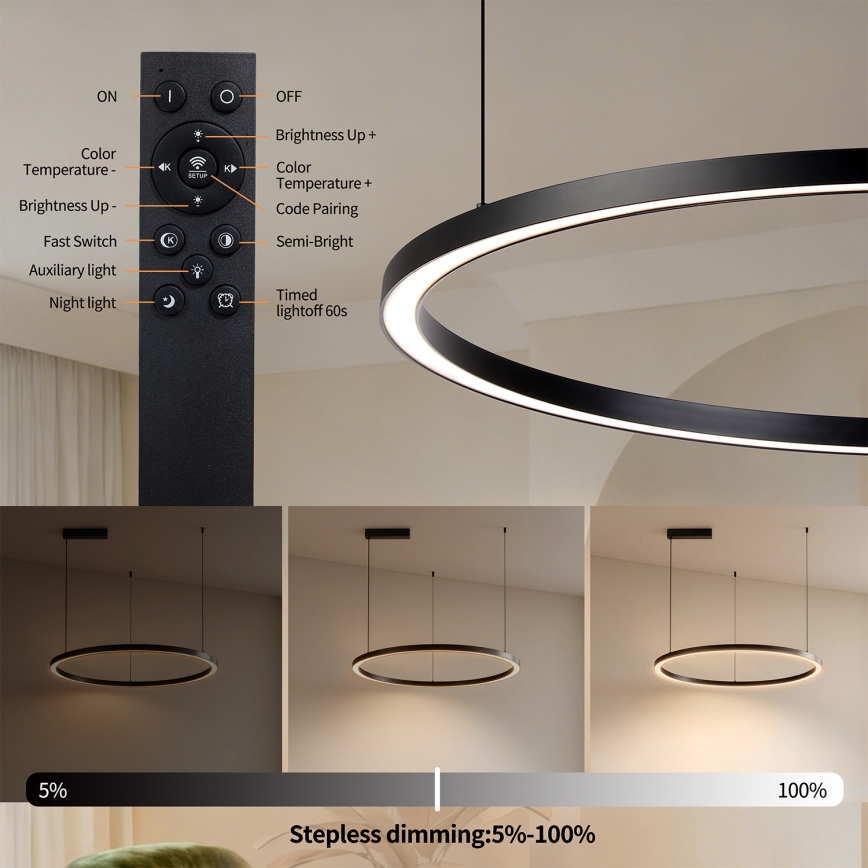 Brilagi - Lustre dimmable sur câble PORTOFINO LED 60W 230V 3000–6000K Ø 80 cm noir + télécommande