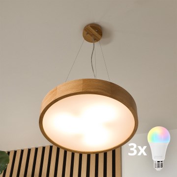 Brilagi - Suspension LED RGBW dimmable sur câble CARVALHO 3xE27/9W/230V 2700-6500K Wi-Fi chêne Ø 47,5 cm