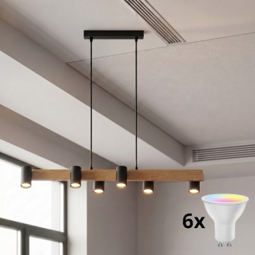 Brilagi - Suspension LED RGBW dimmable sur câble SELE 6xGU10/6,5W/230V 2700-6500K noir/décor chêne + télécommande