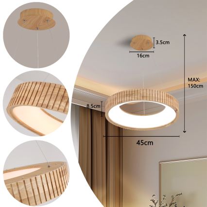 Brilagi - Suspension LED sur câble FALCON WOOD MODERN, LED 30 W, 230 V, 3000/4000/6000 K, Ø 45 cm, bois