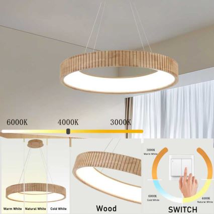 Brilagi - Suspension LED sur câble FALCON WOOD MODERN LED/40W/230V 3000/4000/6000K Ø 60 cm en bois