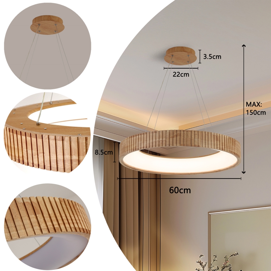 Brilagi - Suspension LED sur câble FALCON WOOD MODERN LED/40W/230V 3000/4000/6000K Ø 60 cm en bois