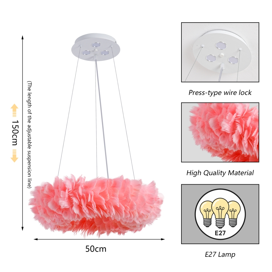 Brilagi - Suspension LED sur câble FEATHER, 3x E27 (max. 40W, 230V) + 3x LED 3W intégrées, Ø 50 cm, rose