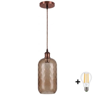 Brilagi - Suspension LED sur câble RETRO GLASS, 1 x E27/60W/230V, Ø 14 cm, finition cuivrée / verre brun fumé