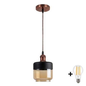Brilagi - Suspension LED sur câble RETRO GLASS 1xE27/60W/230V Ø 14 cm cuivré/verre beige fumé/noir