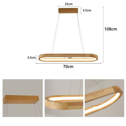 Brilagi - Suspension LED UMEA WOOD sur câble, 30W, 230V, 70x20 cm, en bois