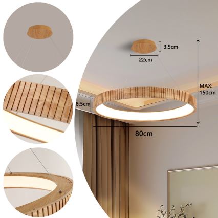 Brilagi - Suspension LED sur câble FALCON WOOD MODERN LED/60W/230V 3000/4000/6000K Ø 80 cm bois