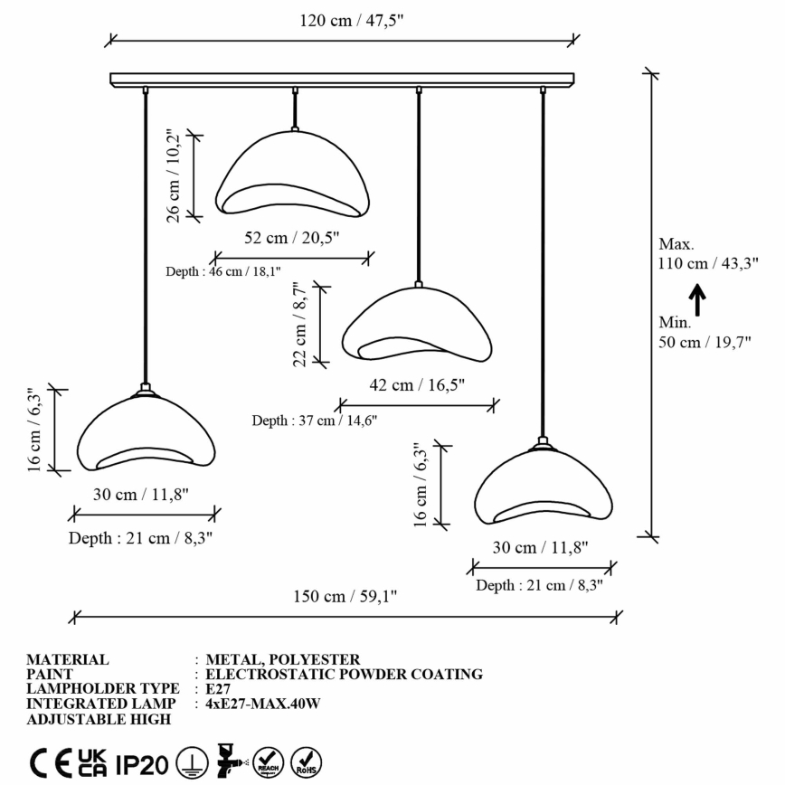 Brilagi - Suspension sur câble WABI SABI 4xE27/40W/230V blanc