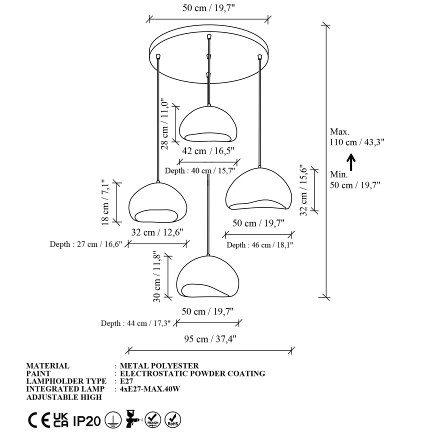 Brilagi - Suspension sur câble WABI SABI 4xE27/40W/230V Ø 95 cm blanche